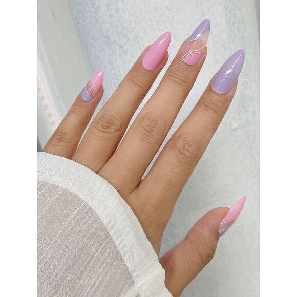 24 pcs Acrylic Long Almond Press On Nail Set Reusable - Picture 1 of 9